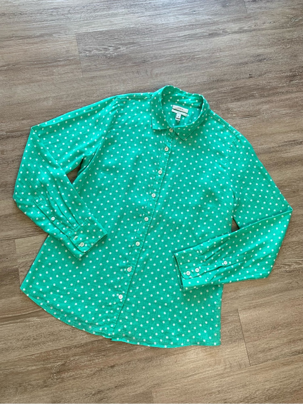 J.Crew Perfect Shirt 100% Linen Seafoam Green White Polka Dot Button Up Size 10